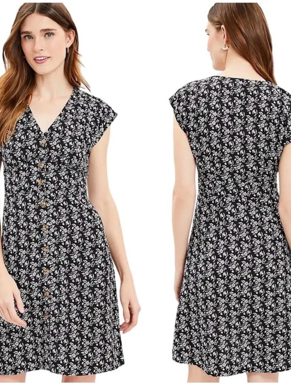 Loft Women's Black Floral Button-Front Dress